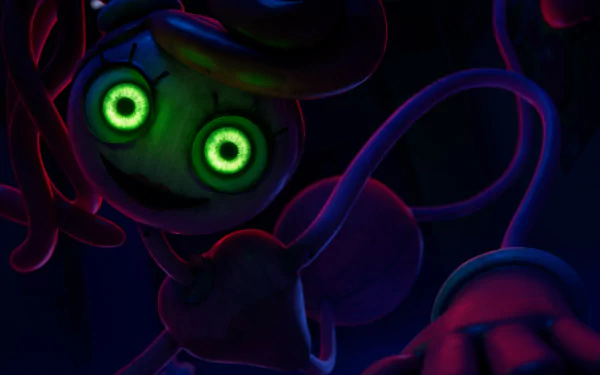 HD PC desktop wallpaper featuring a dark, eerie character with glowing green eyes from the video game Poppy Playtime.