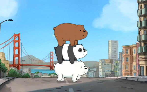HD PC desktop wallpaper of the cartoon TV show We Bare Bears: Grizzly, Panda and Ice Bear stacked on a San Francisco street with the Golden Gate Bridge in the background.