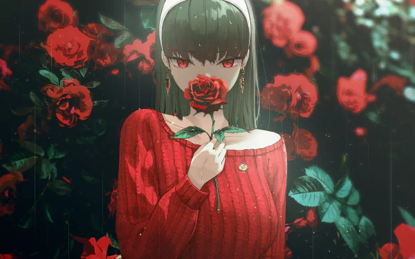 Yor Forger from Spy x Family stands amidst blooming red roses, holding one close with a calm expression in this vibrant 4K Ultra HD anime desktop wallpaper.
