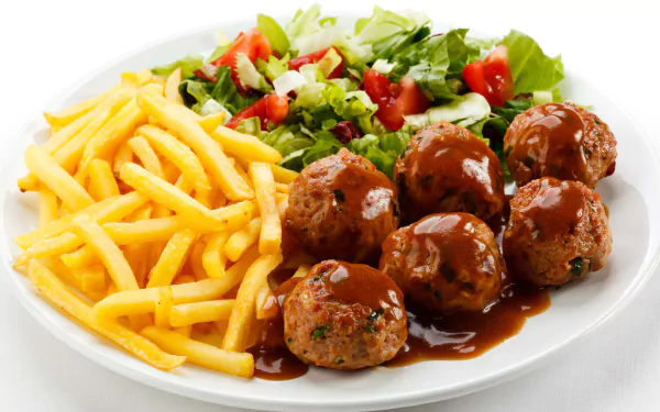 salad meatball food french fries HD Desktop Wallpaper | Background Image