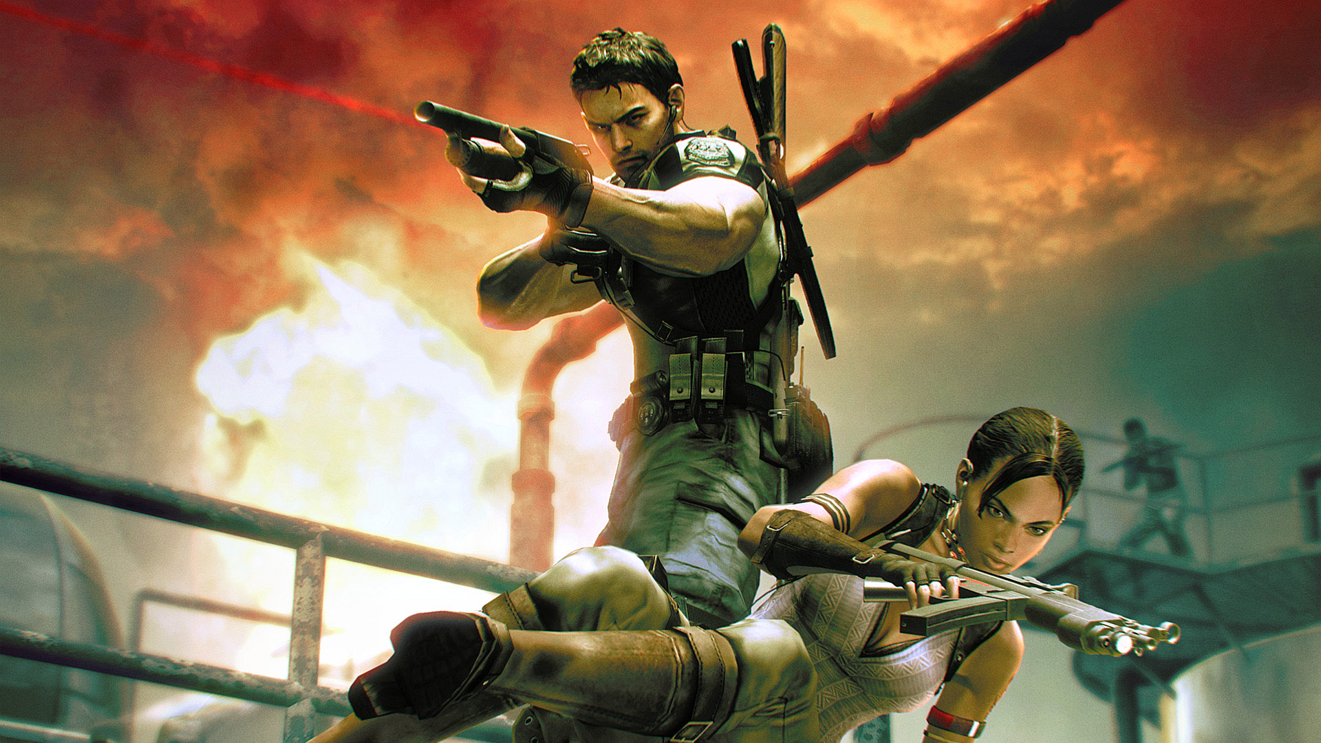 Chris Redfield and Sheva Alomar battling zombies in a video game: Resident Evil 5.