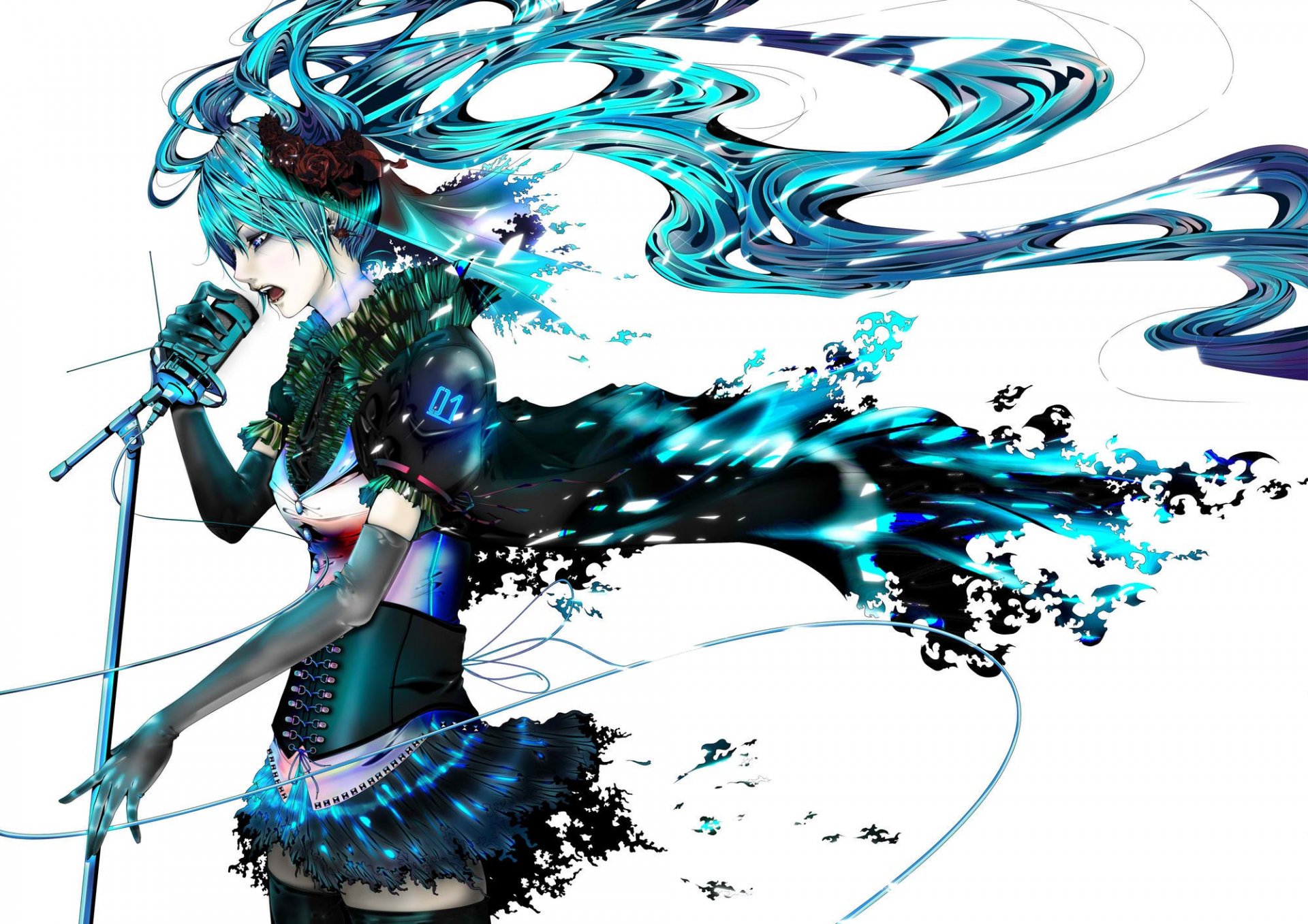 HD PC desktop wallpaper of Hatsune Miku, anime Vocaloid, singing into a microphone with flowing teal hair and dissolving digital fragments for a dynamic, futuristic look.