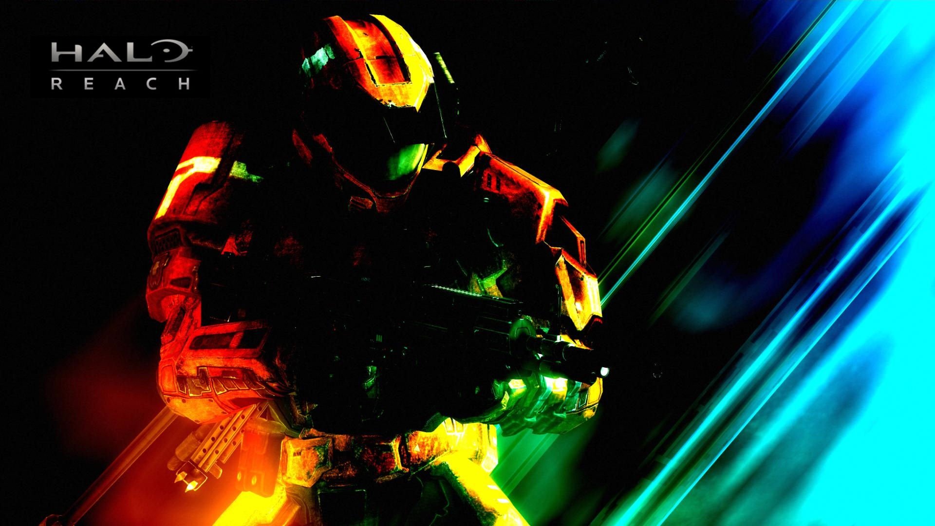 HD PC desktop wallpaper featuring a vibrant, close-up image of a Spartan soldier from the video game Halo: Reach with dynamic lighting effects.