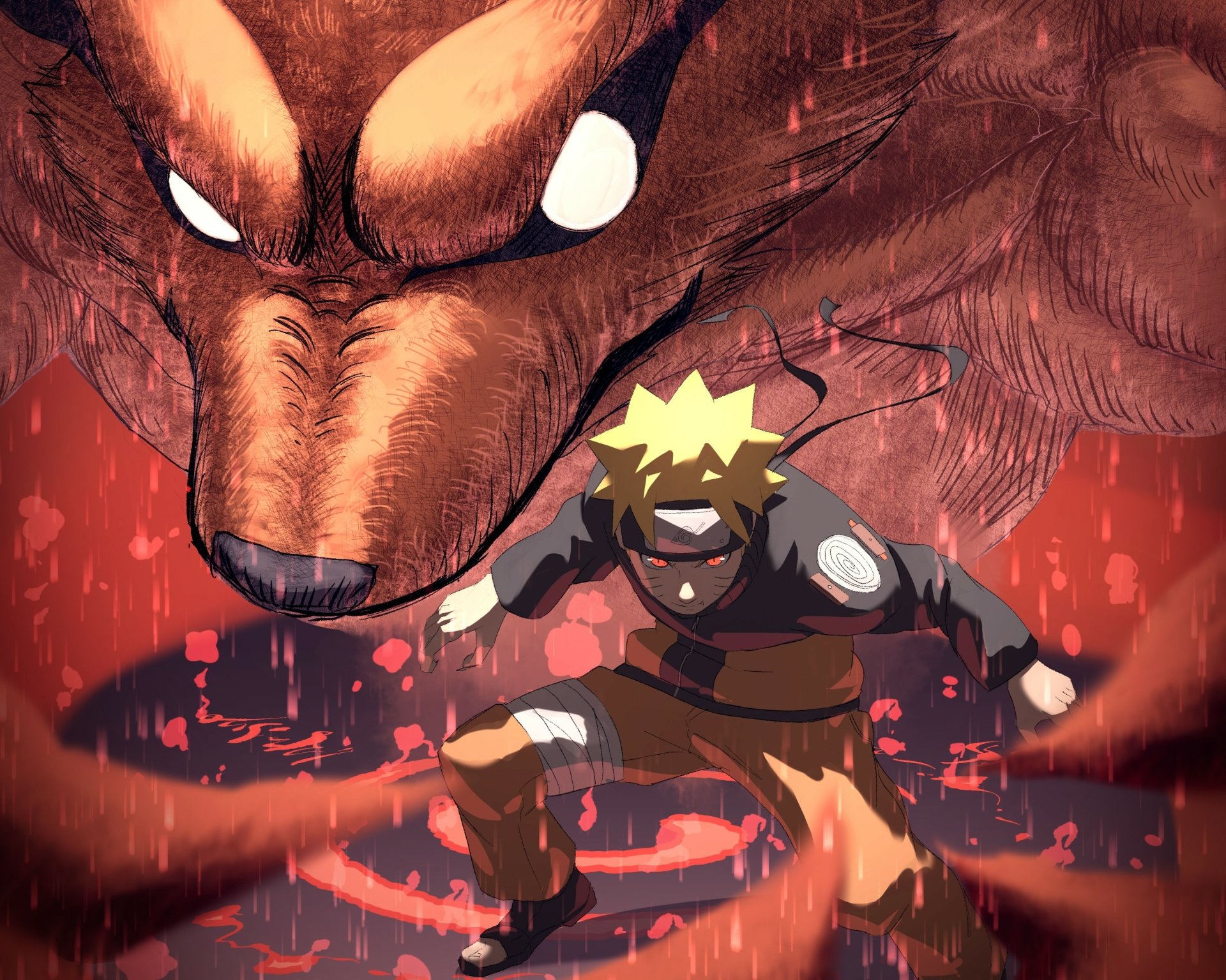 2K Quad HD PC desktop wallpaper: anime scene of Naruto Uzumaki charging forward with roaring chakra, Kurama (Naruto) looming menacingly behind amid swirling red energy.