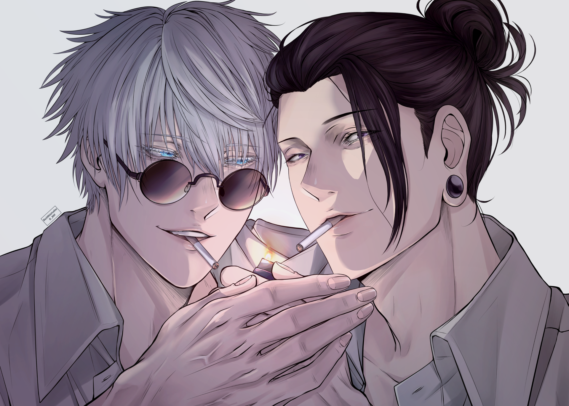 HD anime desktop wallpaper featuring Suguru Geto and Satoru Gojo from Jujutsu Kaisen, with both characters lighting cigarettes in a close, detailed portrait.