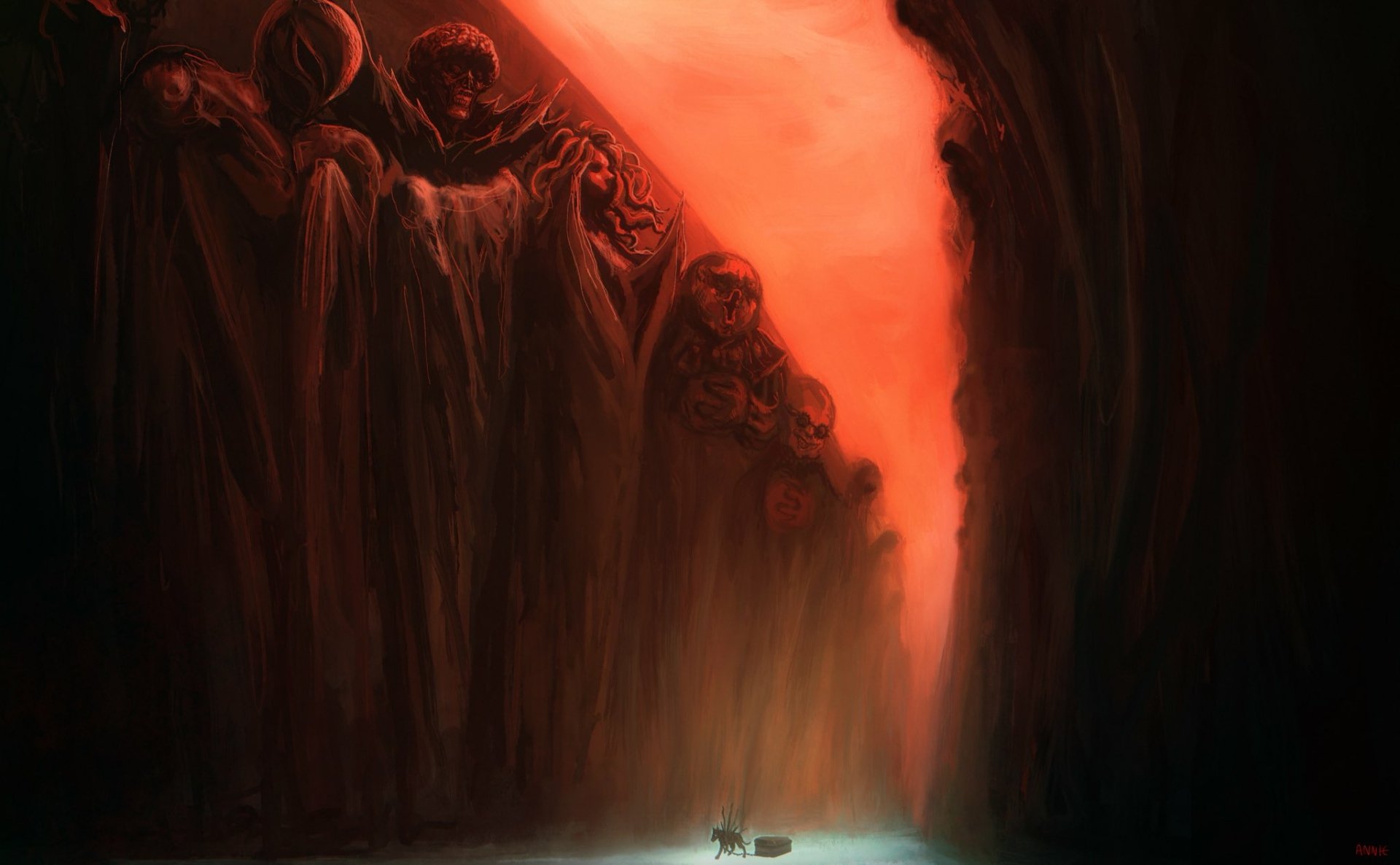 HD PC desktop wallpaper depicting a dark, ominous scene from the anime Berserk with cloaked figures against a fiery red background.