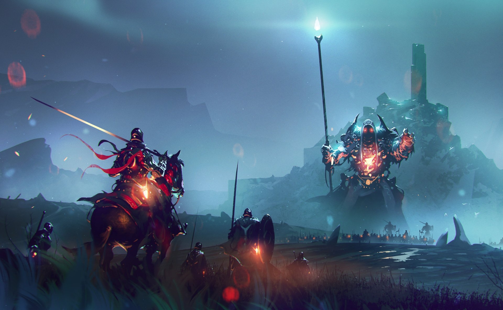 Fantasy 5K Ultra HD PC desktop wallpaper: a hooded wizard atop a glowing armored colossus raises a staff as mounted lancers charge across a misty battlefield toward a distant fortress.