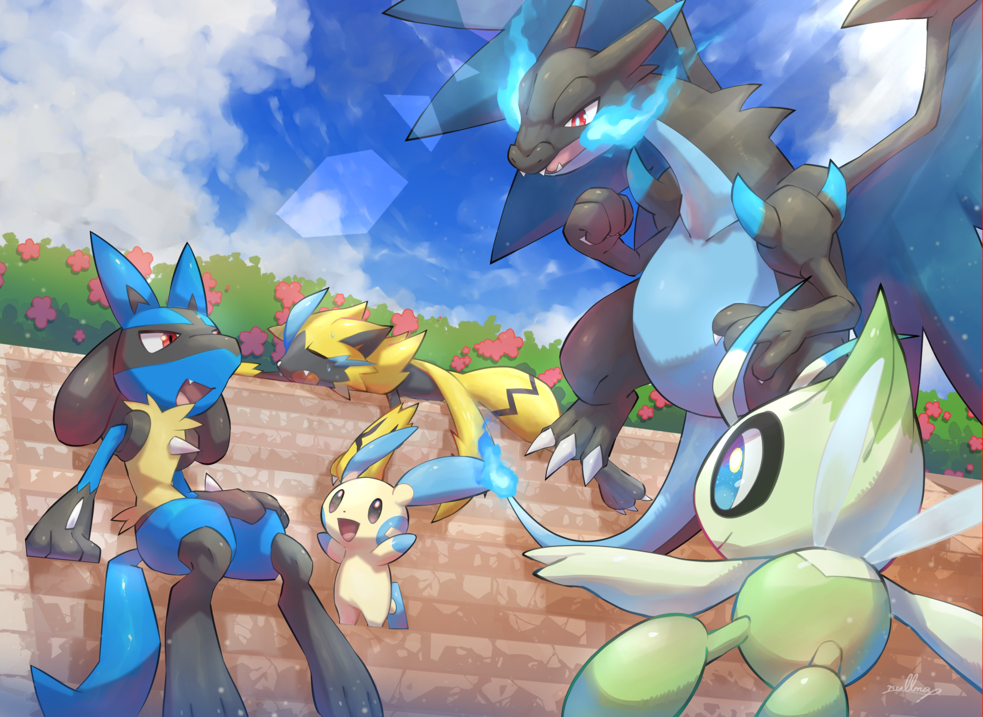 HD PC desktop wallpaper featuring Zeraora, Minun, Lucario, and Mega Charizard X from Pokémon X and Y in a vibrant outdoor setting.