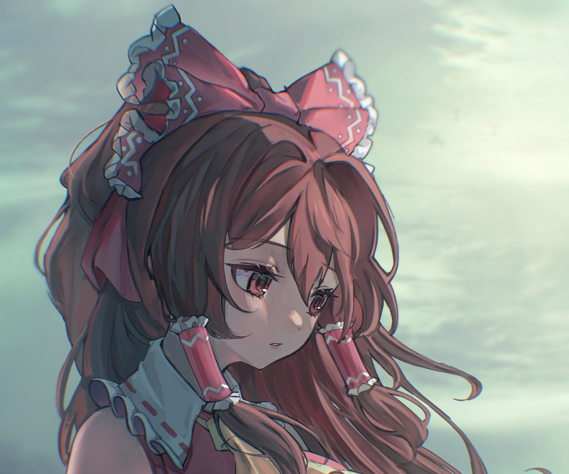 HD PC wallpaper of Reimu Hakurei (Touhou): close-up anime portrait with brown-red hair, red ribbons and miko-style outfit accents, pensive expression and soft, moody lighting.