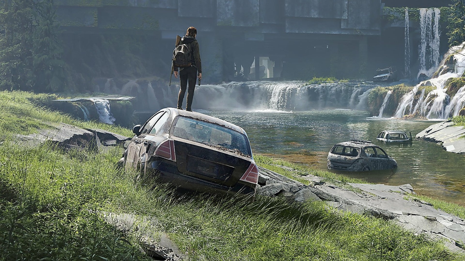 8K Ultra HD wallpaper from the video game The Last of Us Part II, depicting a character standing on a crashed car near a river with a waterfall in a post-apocalyptic setting.