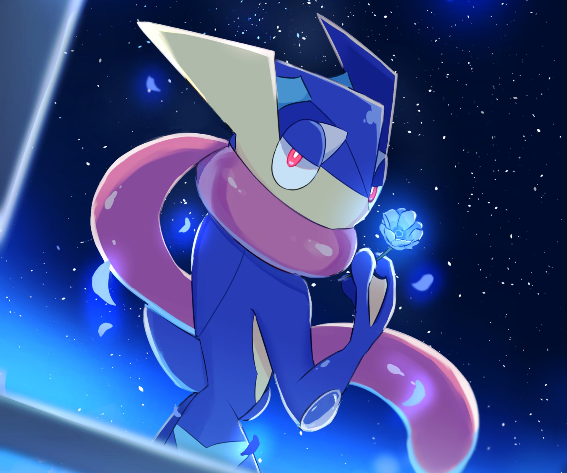 HD PC desktop wallpaper featuring Greninja from the Pokémon video game, surrounded by a glowing blue aura and holding a water shuriken in a dynamic pose.