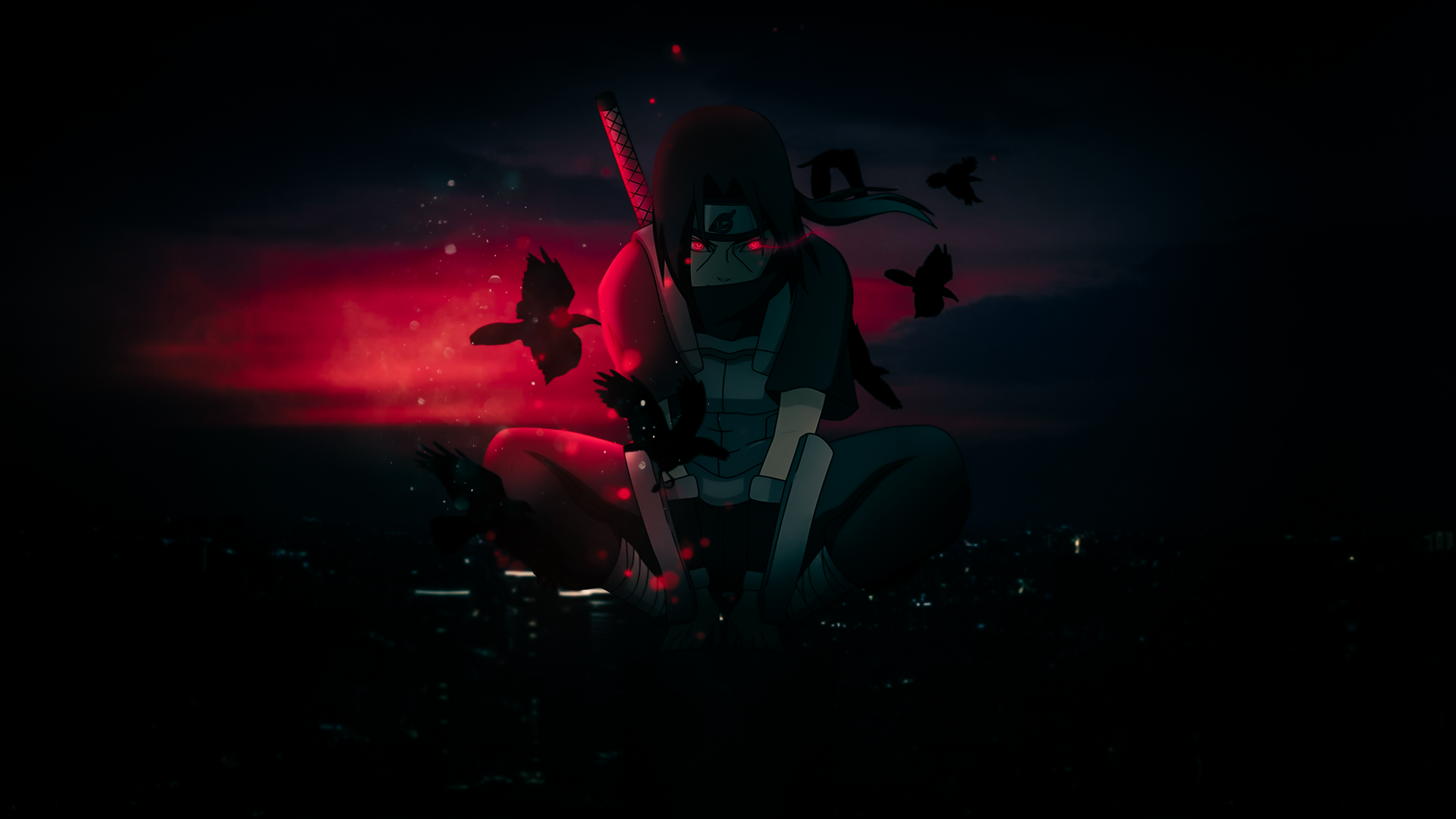 A striking HD desktop wallpaper featuring Itachi Uchiha from the anime Naruto, surrounded by butterflies against a dramatic red and dark backdrop.