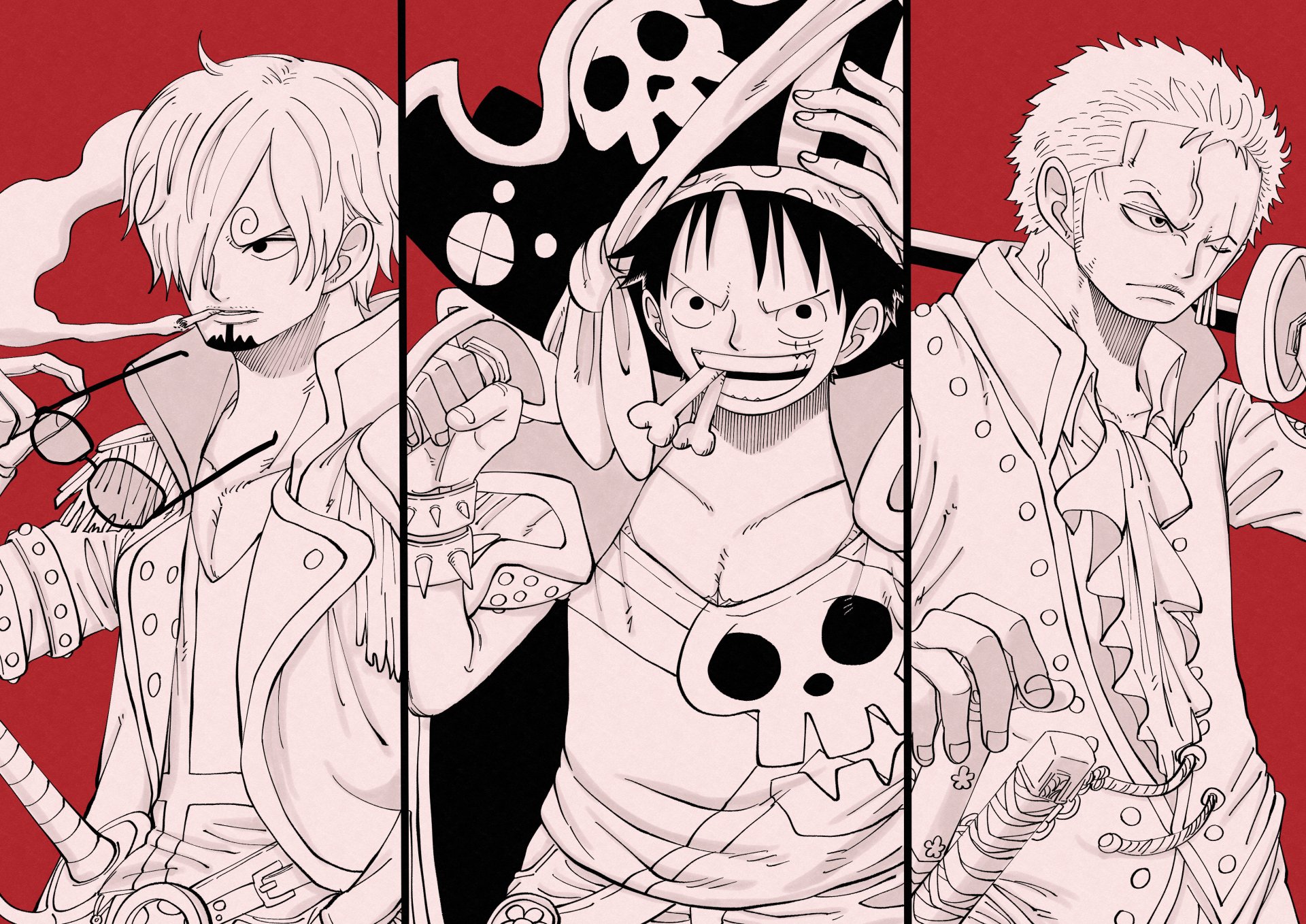 A high-definition desktop wallpaper featuring Roronoa Zoro, Monkey D. Luffy, and Sanji from the anime One Piece, illustrated in a striking black-and-white comic style with a red background.