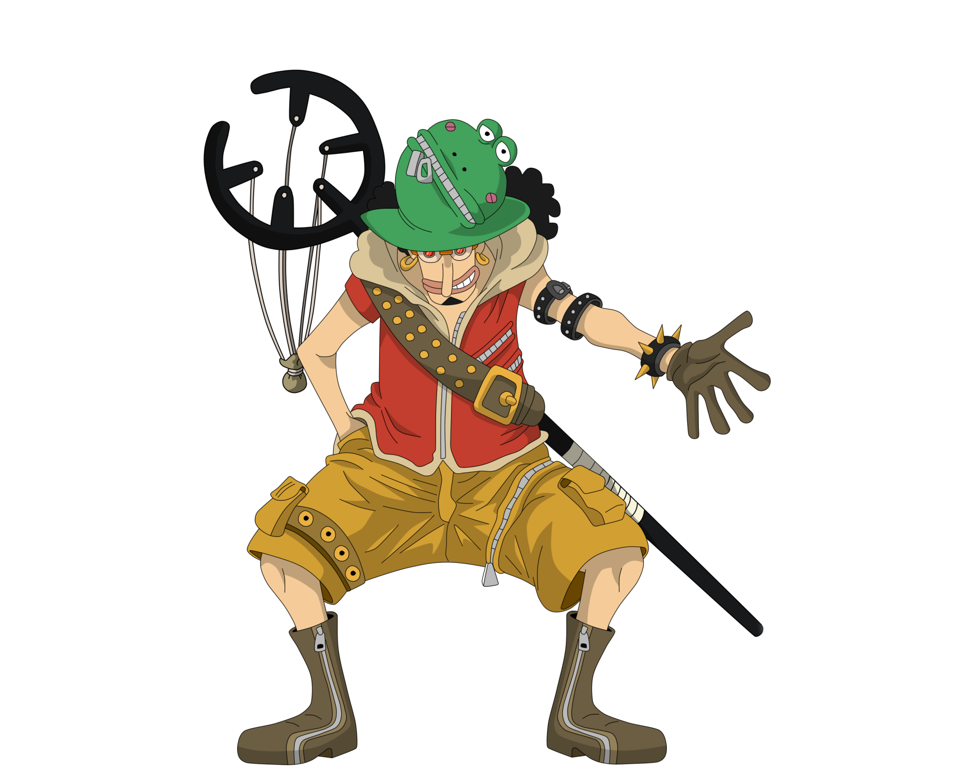 Usopp (One Piece) anime — Usopp in a frog hat and slingshot gear, crouching with a staff on white background. 2K Quad HD PC desktop wallpaper/background.