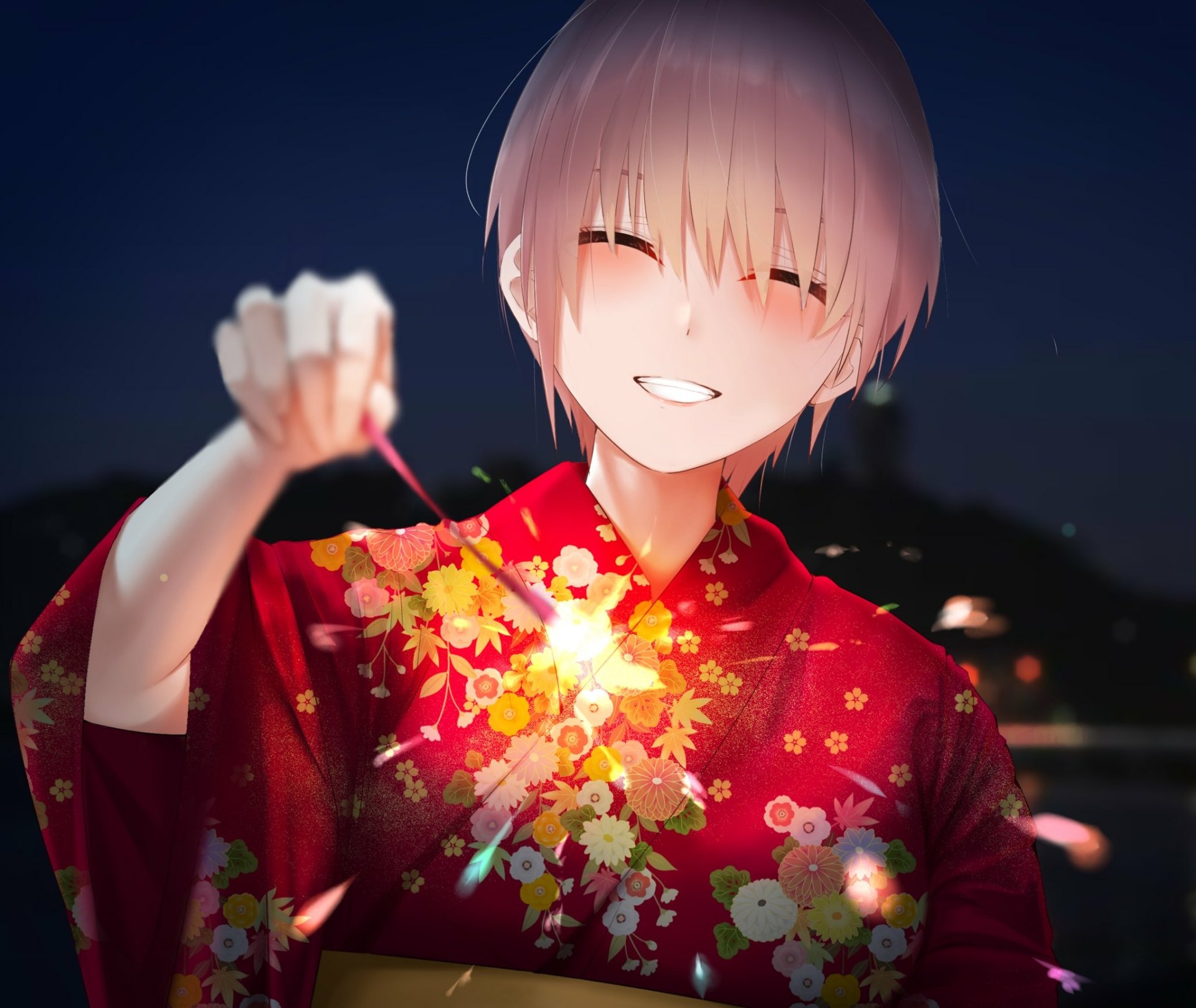 Ichika Nakano (The Quintessential Quintuplets) smiles in a red floral yukata, holding a glowing sparkler at night — HD PC anime desktop wallpaper.