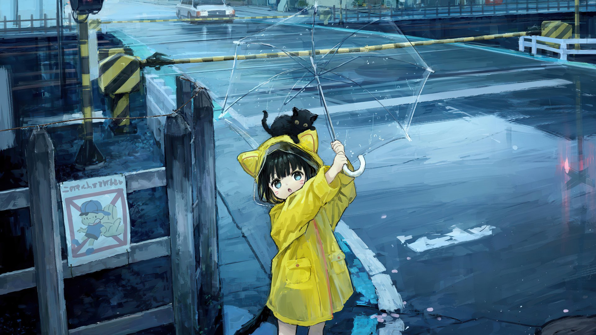 anime yellow backpack rain 4K Ultra HD Anime Girl in Yellow Raincoat with Black Cat Umbrella |  3840x2160