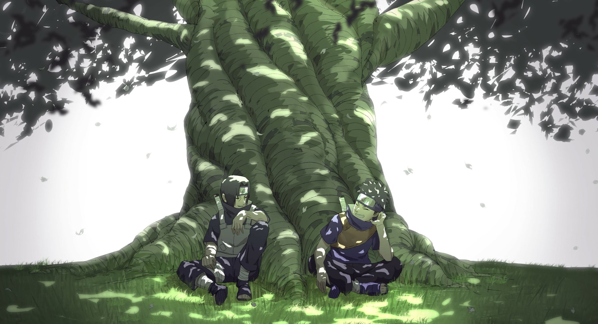 4K Ultra HD Naruto anime wallpaper featuring Shisui Uchiha and Itachi Uchiha sitting under a large, twisted tree with dappled sunlight and shadows.