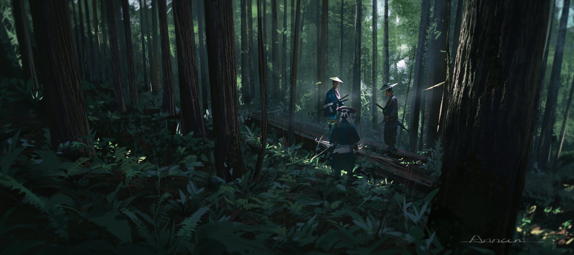HD fantasy PC desktop wallpaper depicting three samurai standing in a dense, misty forest with tall trees and rays of light filtering through the canopy.