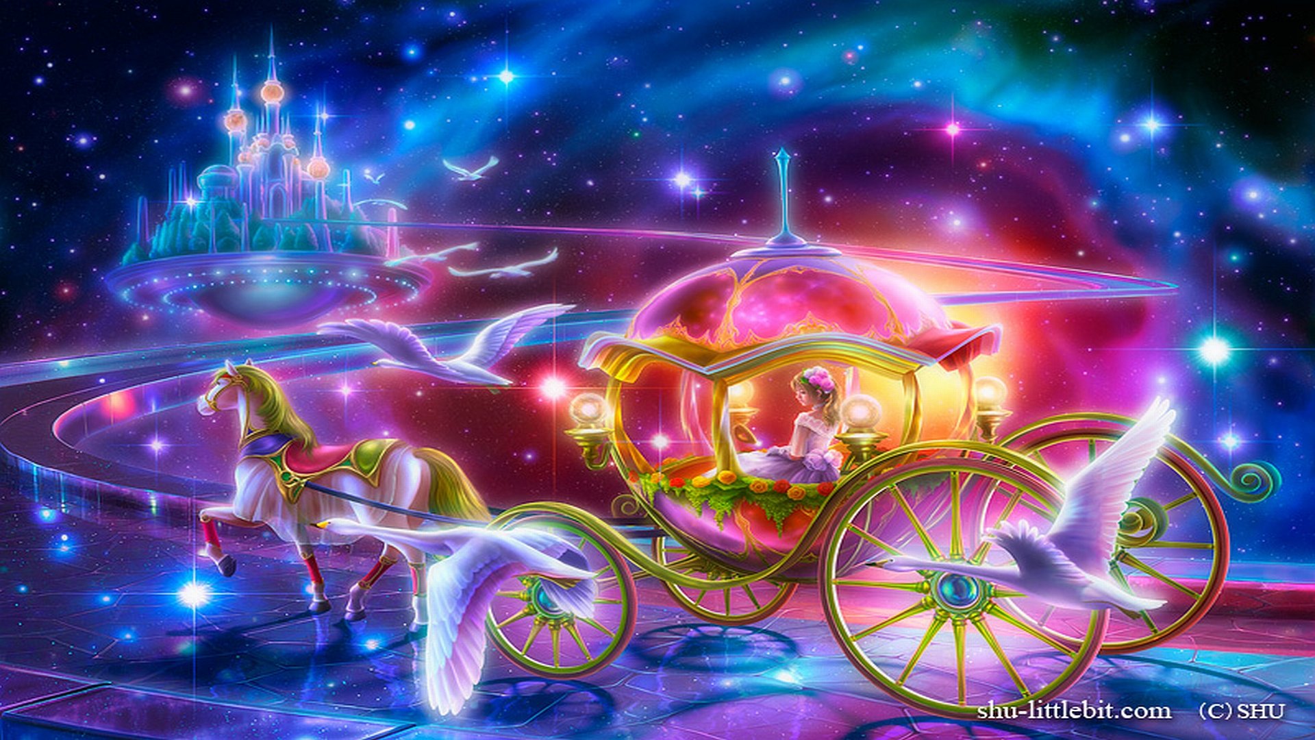 A vibrant, celestial fantasy scene featuring a magical carriage drawn by a horse, surrounded by ethereal birds and a distant castle, making for an enchanting HD desktop wallpaper.