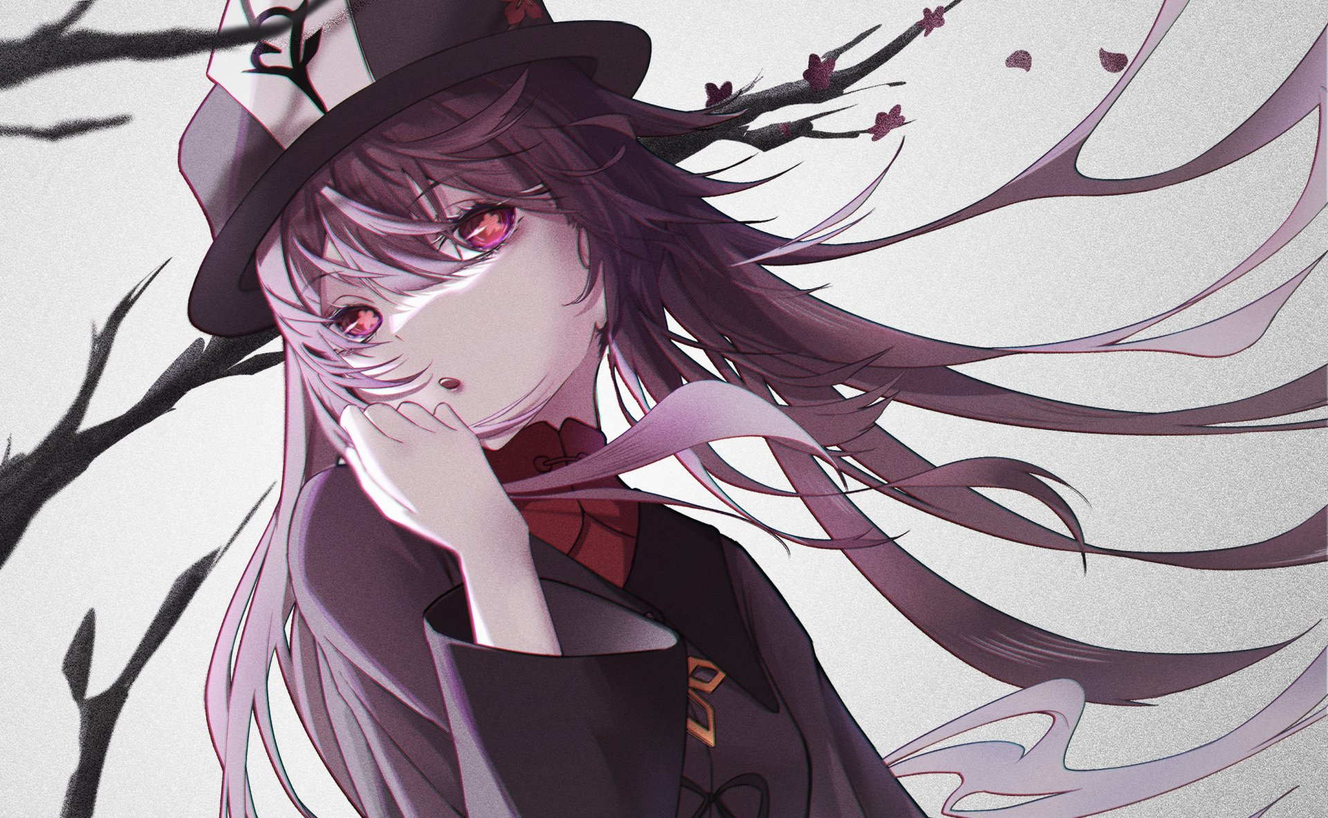 Hu Tao from the video game Genshin Impact, portrait with flowing hair, signature hat and red eyes against a pale backdrop — 2K Quad HD PC desktop wallpaper/background.