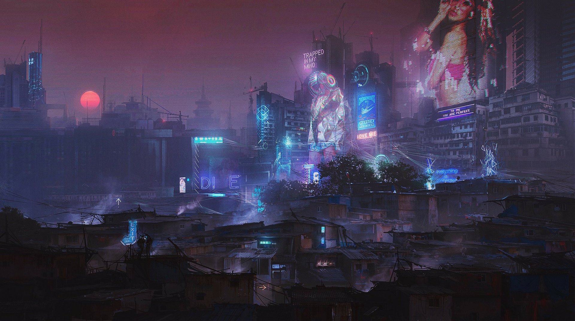 HD PC desktop wallpaper of a neon-lit sci-fi city skyline at dusk, towering holographic billboards and glowing blue lights above sprawling low-rise slums beneath a red sun.