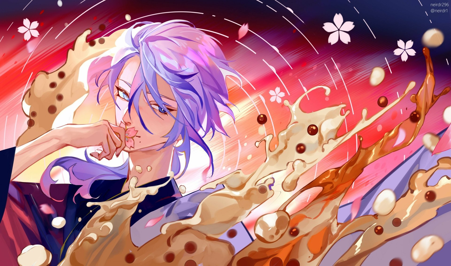 Kamisato Ayato, video game character from Genshin Impact, in a 4K Ultra HD PC desktop wallpaper: lavender hair, blue attire, swirling water ribbons and falling sakura petals.