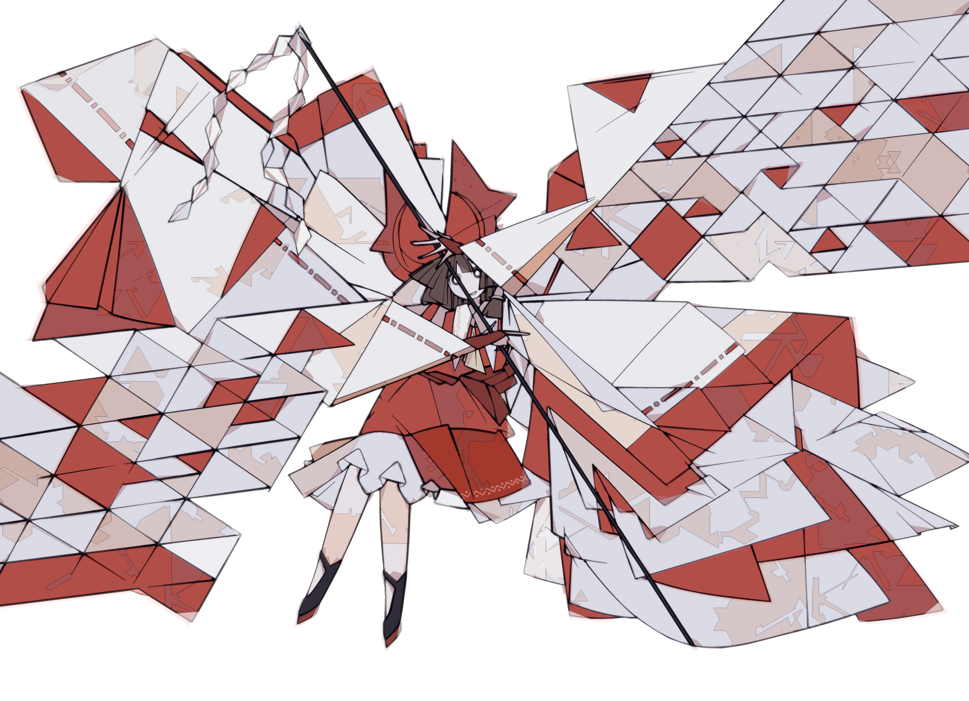 Reimu Hakurei (Touhou) in a red-and-white shrine maiden dress, suspended amid geometric red-and-white triangular wings — Anime 4K Ultra HD PC desktop wallpaper/background