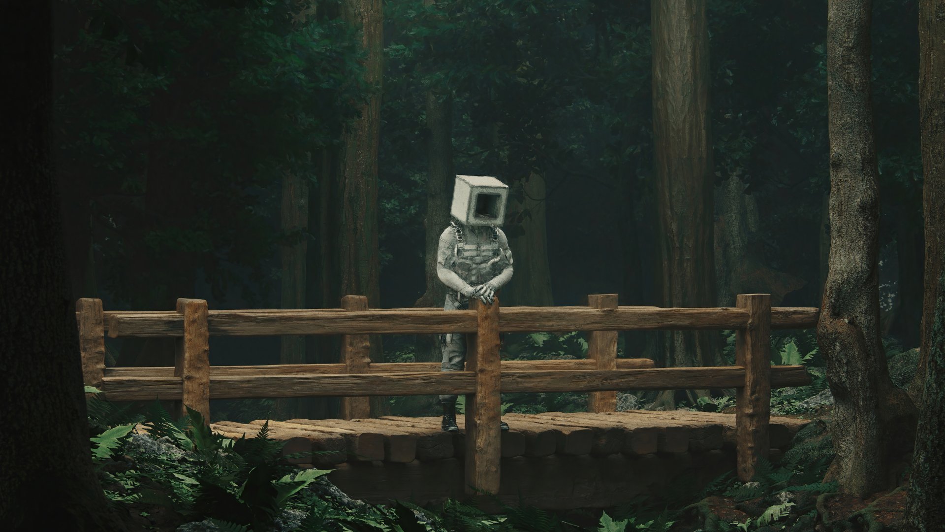Artistic 4K Ultra HD PC wallpaper featuring a human figure with a vintage computer monitor head standing on a wooden bridge in a dark, dense forest.