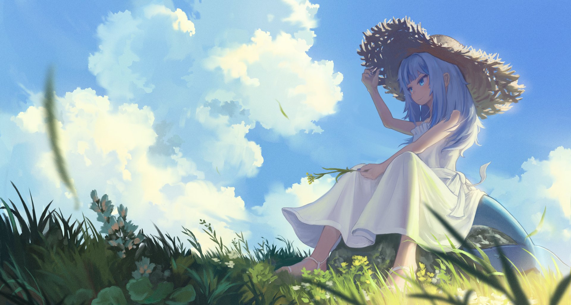 HD anime desktop wallpaper featuring Gawr Gura, a Virtual YouTuber, sitting on grass wearing a white dress and large straw hat under a bright, partly cloudy sky.