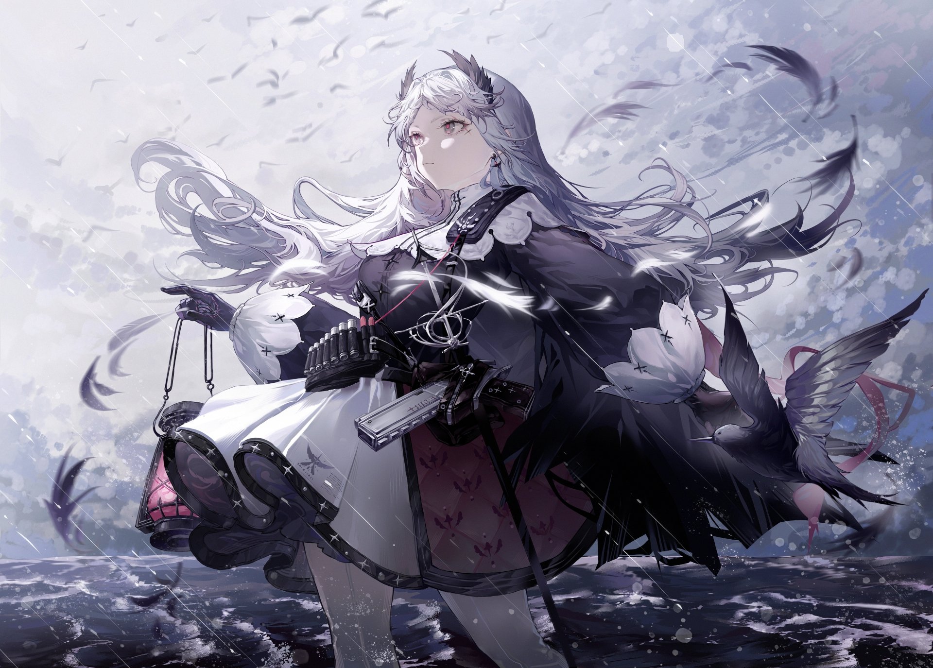 Irene from the Arknights video game standing in a stormy seascape, silver hair and dark ornate outfit, holding a lantern — 4K Ultra HD PC desktop wallpaper/background.