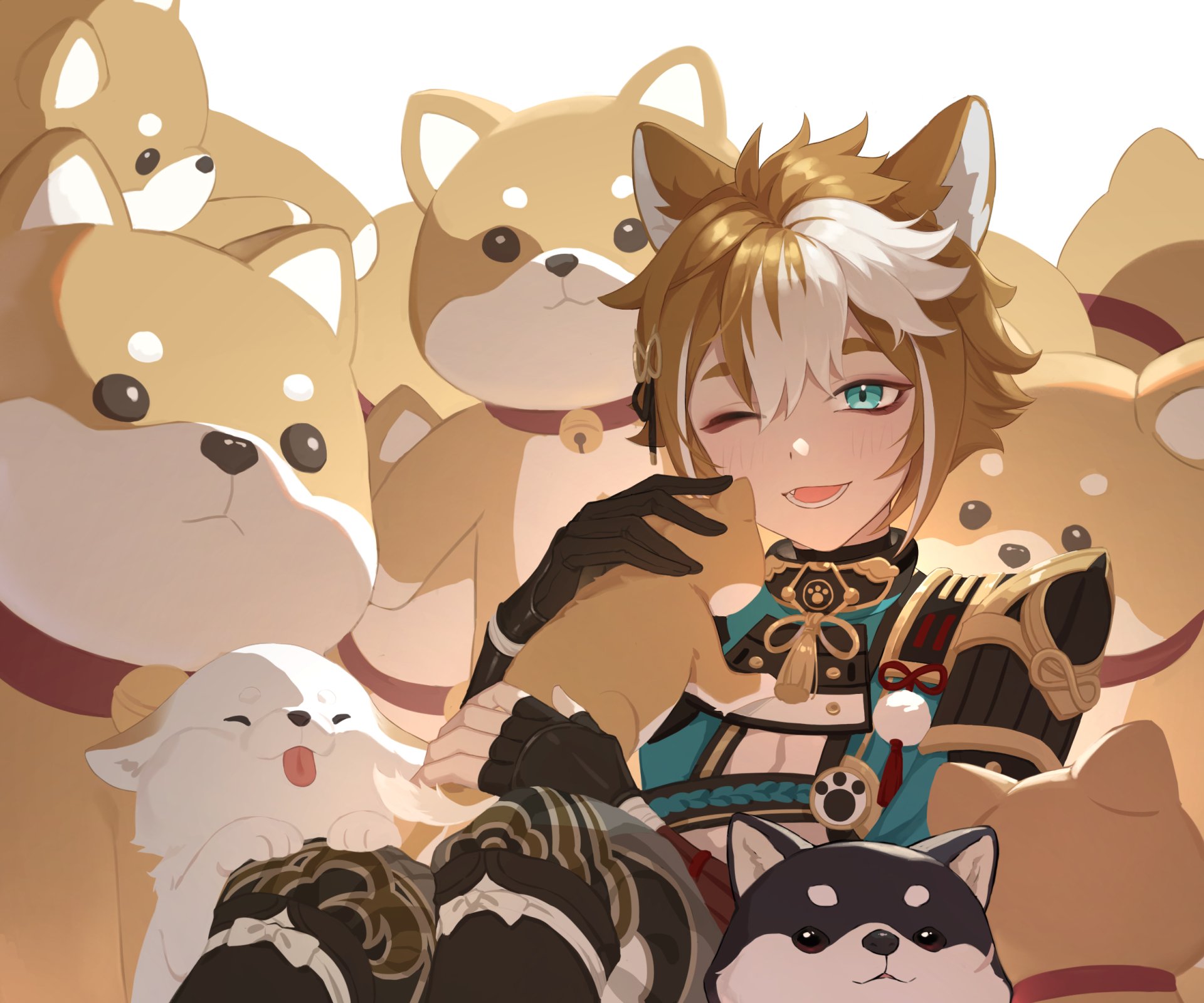 Gorou (Genshin Impact) surrounded by smiling Shiba dogs, winking and posing in an HD PC desktop wallpaper/background — video game art from Genshin Impact.