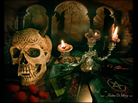HD desktop wallpaper with a dark, gothic theme featuring a skull with intricate carvings, a candelabrum with lit candles, scattered tarot cards, and an eerie background of ancient ruins.