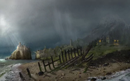 A dramatic HD PC desktop wallpaper from the video game Arcania, featuring a moody landscape with stormy skies, a rugged shoreline, and distant structures illuminating the dark scene.