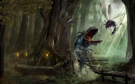 A mesmerizing HD wallpaper from the video game Arcania, featuring a menacing creature emerging from a misty swamp, surrounded by eerie light and fantastical elements.