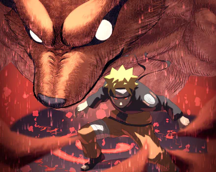 2K Quad HD PC desktop wallpaper: anime scene of Naruto Uzumaki charging forward with roaring chakra, Kurama (Naruto) looming menacingly behind amid swirling red energy.