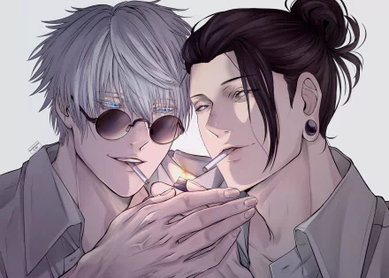 HD anime desktop wallpaper featuring Suguru Geto and Satoru Gojo from Jujutsu Kaisen, with both characters lighting cigarettes in a close, detailed portrait.