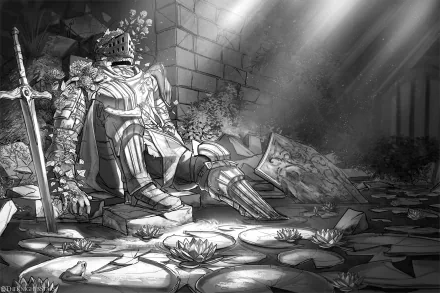 HD PC desktop wallpaper featuring Oscar of Astora from the Dark Souls video game, depicted resting in detailed armor with a sword in a dimly lit, ruined stone chamber.