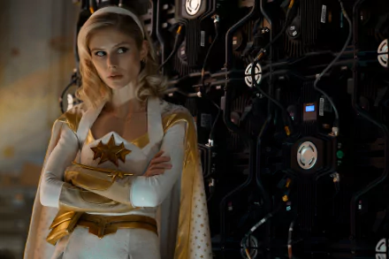 Starlight from TV show The Boys (2019) in white-and-gold hero costume, arms crossed against a dark wall of cables and equipment — 2K Quad HD PC desktop wallpaper/background