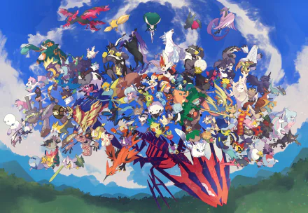 4K Ultra HD PC desktop wallpaper featuring a vibrant collage of various Pokémon characters against a bright blue sky, celebrating the video game series.
