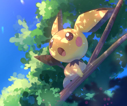 HD PC desktop wallpaper featuring Pichu from Pokémon in a vibrant, sunlit forest scene from the video game.