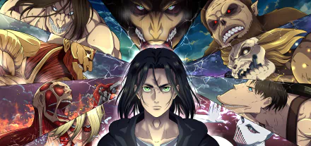 A dramatic 8K Ultra HD wallpaper featuring Eren Yeager from Attack on Titan, surrounded by iconic Titans, capturing a moment of intensity and conflict in the anime series.