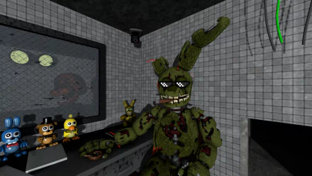 HD PC wallpaper/background of Springtrap from the video game Five Nights at Freddy's 3: a decayed green animatronic in a dim security office, surrounded by monitors and small animatronic figures.