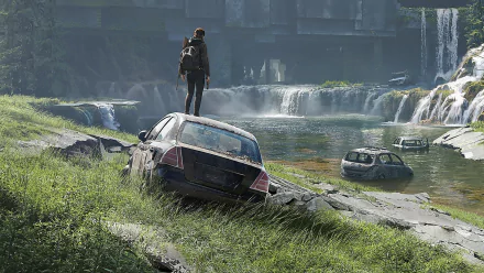 8K Ultra HD wallpaper from the video game The Last of Us Part II, depicting a character standing on a crashed car near a river with a waterfall in a post-apocalyptic setting.
