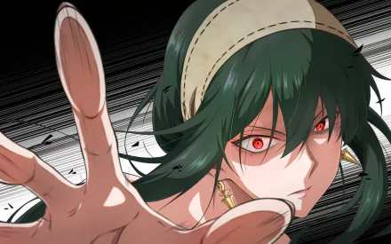 HD PC desktop wallpaper featuring Yor Forger from the anime Spy x Family, showcasing her intense red eyes and dynamic pose against a black and white background.