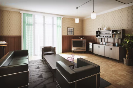 4K Ultra HD PC desktop wallpaper featuring a cozy, vintage-style living room with modern furniture and soft natural light, inspired by Spy x Family anime aesthetics.