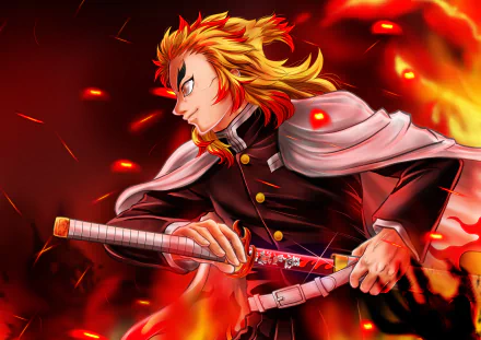 Kyojuro Rengoku from Demon Slayer: Kimetsu no Yaiba in a vibrant 4K Ultra HD anime wallpaper, gripping his sword amid fiery flames and intense red-orange hues.