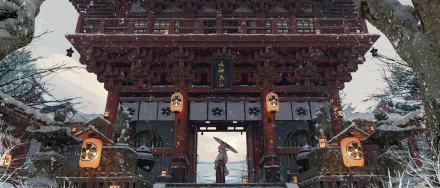 A stunning 4K Ultra HD wallpaper featuring Yae Miko from Genshin Impact, set against a beautifully crafted traditional Japanese structure in a snowy landscape.