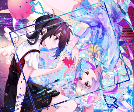 2K Quad HD PC desktop wallpaper of Ame-chan (Needy Girl Overdose) and OMGkawaiiAngel-chan from NEEDY GIRL OVERDOSE: two anime girls exchanging a pixel heart in a neon, glitchy video-game scene.