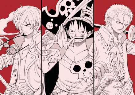 A high-definition desktop wallpaper featuring Roronoa Zoro, Monkey D. Luffy, and Sanji from the anime One Piece, illustrated in a striking black-and-white comic style with a red background.