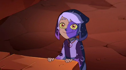 HD PC desktop wallpaper featuring The Collector (The Owl House) from the TV show The Owl House: purple-skinned, mismatched-eyed childlike figure peeking over a rocky ledge.